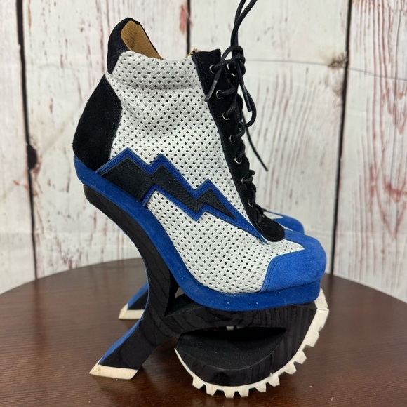 JEFFREY CAMPBELL Blue Suede Mesh high top sneakers wood & rubber platforms 6.5 - Picture 14 of 17